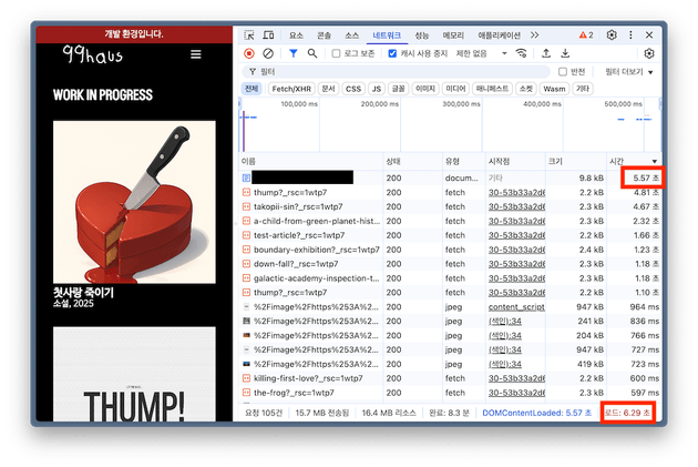 99haus 페이지의 네트워크 정보. 로드 완료까지 6.29초가 소요되었다.